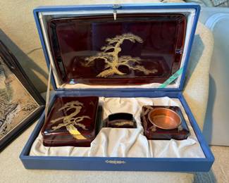 Japanese Maroon Lacquered Smoking Set with Case