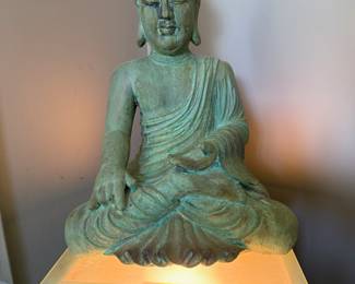 Green Patina Sitting Buddha with Lit Base