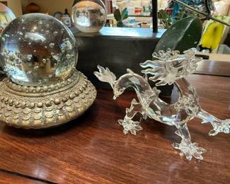 Controlled Bubble Clear Glass Ball with Stand, Swarovski Crystal Zodiac Dragon Figurine