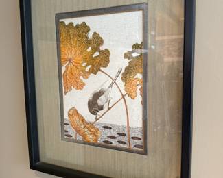 Framed & Matted "Japanese Wagtail on Lotus Plant" Reproduction Print After Ohara Koson