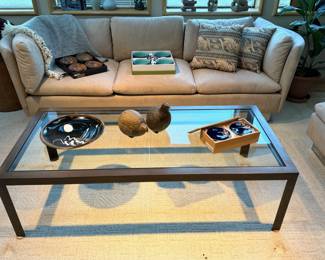 Contemporary Beige Fabric Sofa, Modern Glass-Top Coffee Table with Dark Metal Frame