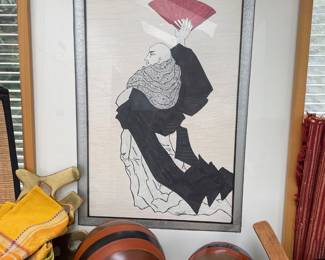 Framed & Matted Mixed Media Drawing After Yoshitoshi "Ordering the Sun to Stand Still" by C. Hayashi