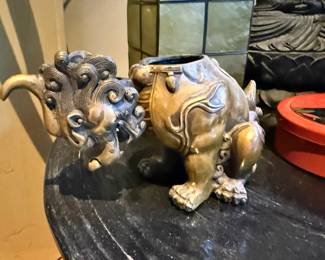 Chinese Bronze Tone Foo Dog Incense Burner