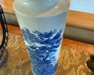 Arita Ware Japanese Porcelain Vase with Blue Landscape Design