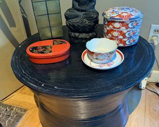 Black Lacquered Circular Side Table, Japanese Black & Orange Lacquered Jubako, Japanese Porcelain Imari Stacking Bento Box