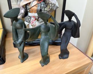 Set of 3 Mid Century Japanese Cast Iron Geisha Figurines