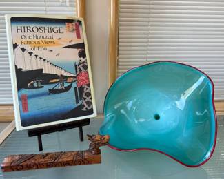 One Hundred Famous Views of Edo by Hiroshige, Chinese Hand-Carved Rosewood Dragon Chopstick Box, Turquoise & Red Art Glass Ruffled Edge Centerpiece Bowl