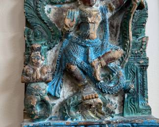 Hand Painted Carved Wood Hindu Goddess Wall Plaque