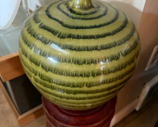 Green Striped Bulbous Pottery Vase