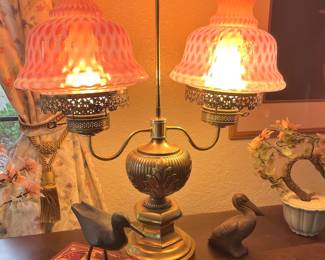 Brass Double Arm Student Lamp with Pink Coin Dot Glass Shades