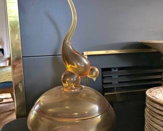 Mid-Century Viking Amber Glass Bird Handle Candy Dish