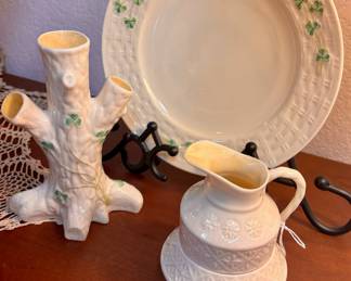 Belleek Pottery Ireland Shamrock Tree Trunk Bud Vase, Belleek Pottery Ireland Shamrock Bread & Butter Plate,  Belleek Pottery Cleary Stacking Sugar Bowl & Creamer Set