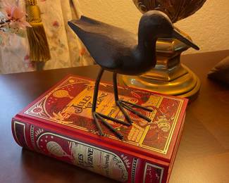Wood Carved & Metal Shorebird Sculpture, 2010 Leather Bound Seven Novels by Jules Verne