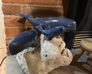 Family of Blue Hump Back Whales Pottery Figurine 