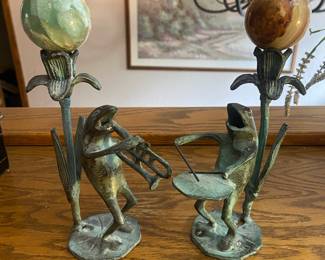 Pair of Bronze Frogs on Lily Pads Candlestick Holders, Polished Green Crystal Sphere, Polished Ocean Jasper Sphere