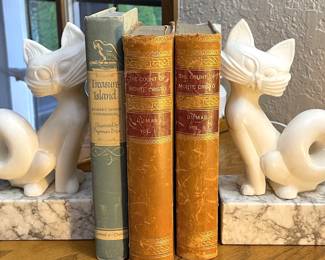Carved Soapstone Cat Bookends with White Marble Base, 1947 Treasure Island by Robert Louis Stevenson, The Count of Monte Cristo 2 Volume Set by Alexandre Dumas