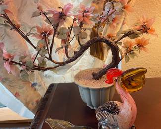 Faux Jade Glass Bonsai Tree Blossom Sculpture, Murano Style Art Glass Figurines
