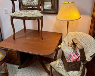 Pair of Matching French Louis XV Style Arm Chairs with French Tapestry Upholstery, Duncan Phyfe Style Drop Leaf Dining Table