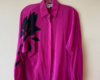 Chaus 100% Silk Magenta with Black Floral Pattern Long Sleeve Button Up Blouse