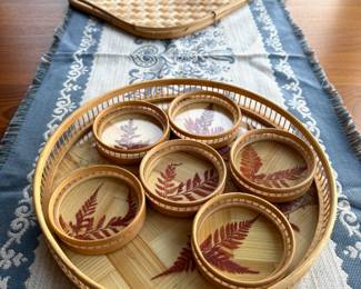 Bamboo Pressed Fern Tray & Coaster Set, Bamboo Rattan Tiki Serving Tray