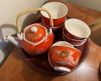 Japanese Red & Floral Design Tea Set