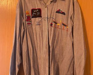 1990s Casey & Max Black/White Striped Embroidered School Themed Long Sleeve Button Up Shirt