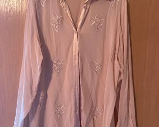 Dress Barn Sheer Pink Long Sleeve Blouse with Floral Embroidery Design