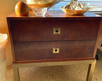 Henredon Style Burl Wood Night Stand with Brass Base
