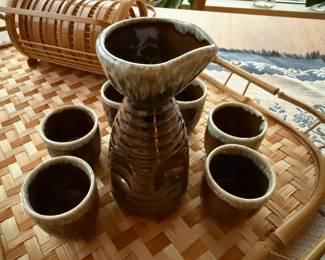 Japanese Brown & Cream Drip Glaze Pottery Sake Set