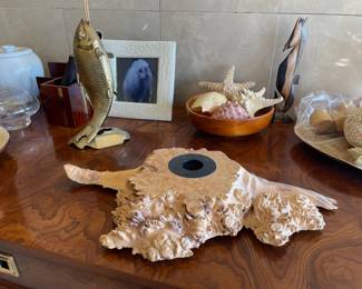 Live Edge Maple Burl Wood Ikebana Floral Vase, MCM Brass Koi Fish Vase