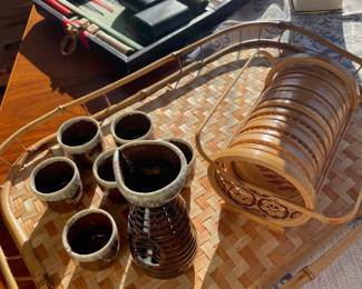 Bamboo Rattan Tiki Serving Tray, Japanese Brown & Cream Drip Glaze Pottery Sake Set
