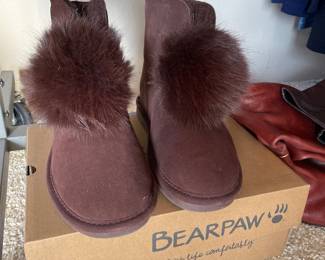 Bearpaw Libby Suede Boots with Faux Fur Pom-Pom – Size 9