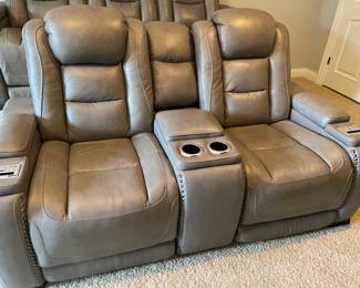 Reclining theater seats. 2 seater measures 6'5" x 3' deep.  3 seater measures 7'5" x 3' deep.  Arm rests & middle console flip open for storage. Reclining buttons include USB port. 3-way adjustable seats. 