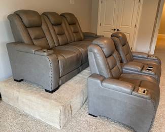 Reclining theater seats. 2 seater measures 6'5" x 3' deep.  3 seater measures 7'5" x 3' deep.  Arm rests & middle console flip open for storage. Reclining buttons include USB port. 3-way adjustable seats. 