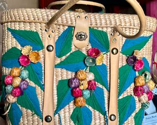 Large Vintage Straw Tote Bag  in a Woven Beach Coastal Florals and Leather Straps 