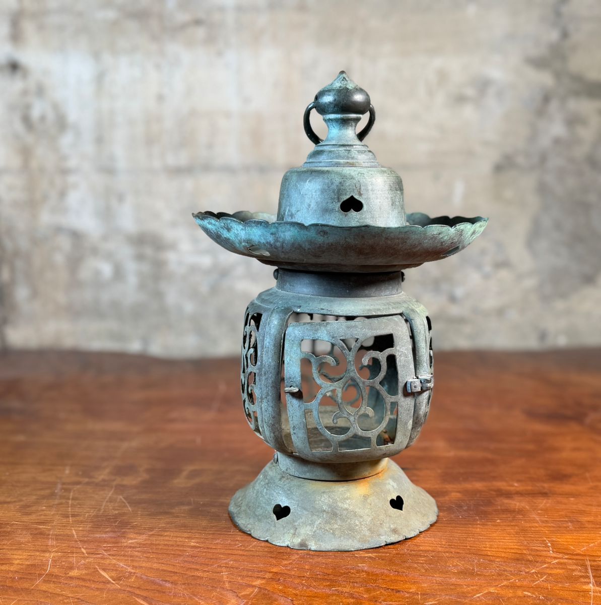 This lot features an antique Japanese buddhist temple lantern that measures, 10.5” H x 7.5” W x 7.5” D. This item was likely made in the Meiji Era around the 1850s-1880s.
