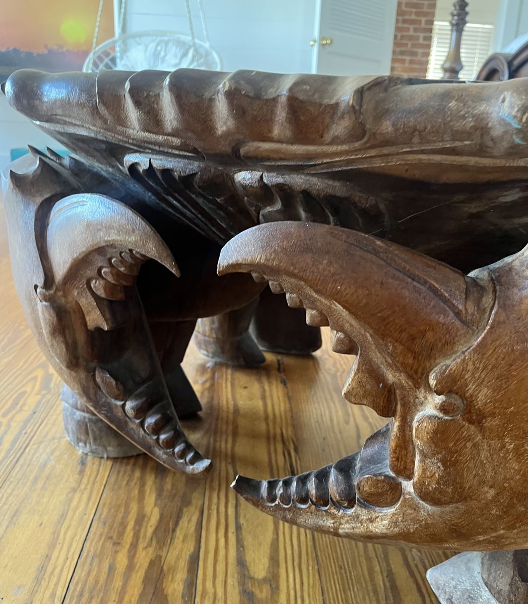 $525; Crab handcarved wood coffee table; approx. 20" x 34", minor losses, very heavy table; on third floor