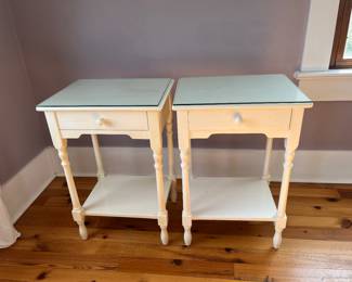 $250; Pair of vintage Pottery Barn cottage/farmhouse end tables with glass tops; approx. 30.5" x 20.75" x 16"; wear to finish