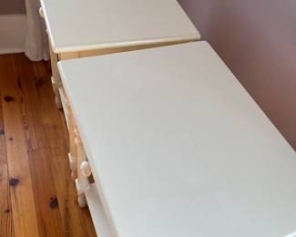 $250; Pair of vintage Pottery Barn cottage/farmhouse end tables with glass tops; approx. 30.5" x 20.75" x 16"; wear to finish