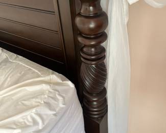 $375; 'Barbados' mahagony queen poster bed; with mattress; frame approx. 91" H x 64"; in good condition; also available without mattress