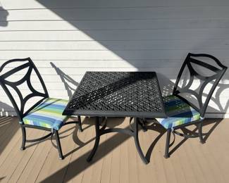 $300; O.W. Lee cast aluminum patio dinette table w/ two chairs; table 29" x 34"; chairs 19" seat w/cushion, 38" back x 19" W x 24 D