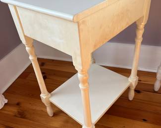 $250; Pair of vintage Pottery Barn cottage/farmhouse end tables with glass tops; approx. 30.5" x 20.75" x 16"; wear to finish
