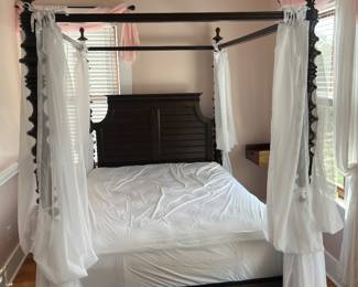 $375; 'Barbados' mahagony queen poster bed; with mattress; frame approx. 91" H x 64"; in good condition; also available without mattress