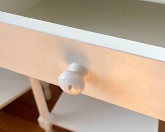 $250; Pair of vintage Pottery Barn cottage/farmhouse end tables with glass tops; approx. 30.5" x 20.75" x 16"; wear to finish