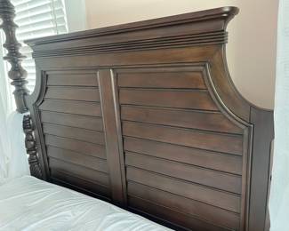 $375; 'Barbados' mahagony queen poster bed; with mattress; frame approx. 91" H x 64"; in good condition; also available without mattress