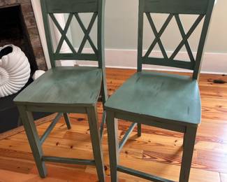 $60; Pair of cottage farmhouse counter-height barstools; approx. 24" (seat) x 22" x 18", 41.5" back