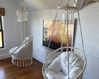 $75 each; Two macramé hammock or swing chairs; approx. 67" H: (hanging) x 32" x 36"; good condition