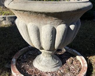 $300; Large heavy concrete urn planter; approx. 32" x 34"