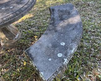 $350; Concrete round garden table w/ two benches; table 26" x 42"; benches 17" x 51" x 17" ea.