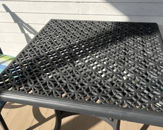 $300; O.W. Lee cast aluminum patio dinette table w/ two chairs; table 29" x 34"; chairs 19" seat w/cushion, 38" back x 19" W x 24 D
